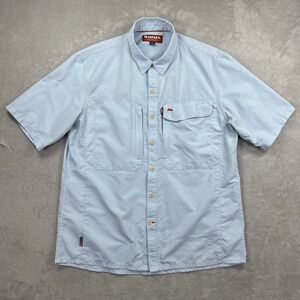 Simms Fishing Shirt Mens Large Blue Short Sleeve Button Down Performance Pockets
